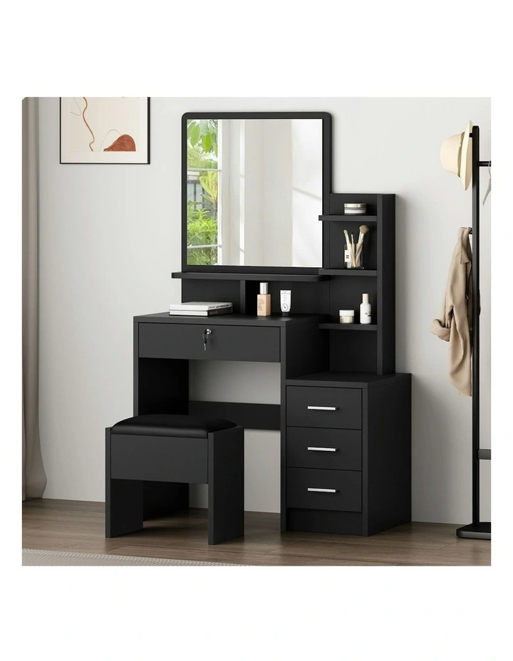Makeup Mirror Cabinet Vanity Desk Dressing Table Stool Set in Black image 2