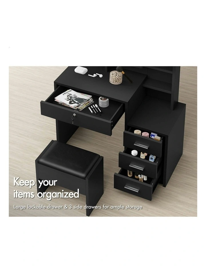 Makeup Mirror Cabinet Vanity Desk Dressing Table Stool Set in Black image 3