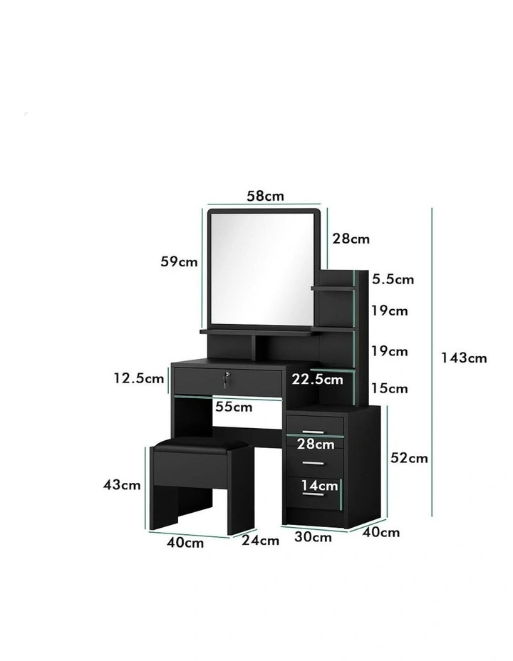 Makeup Mirror Cabinet Vanity Desk Dressing Table Stool Set in Black image 7