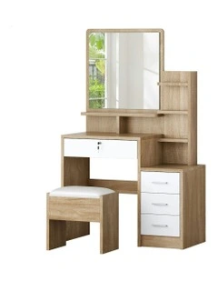 Makeup Mirror Vanity Desk Cabinet Dressing Table Stool Set in Wood