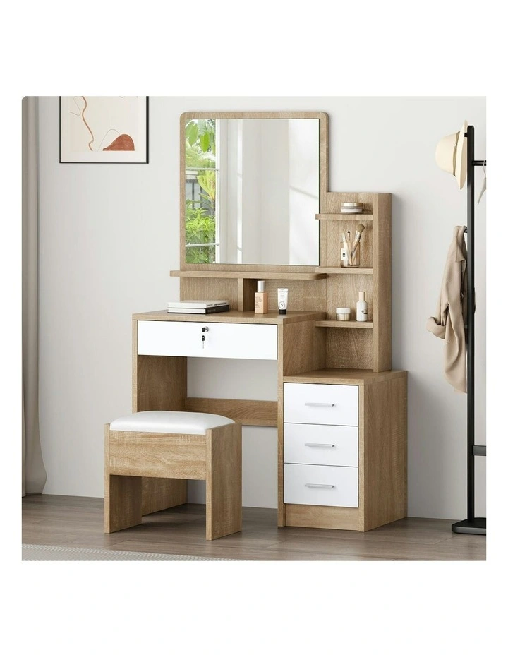 Makeup Mirror Vanity Desk Cabinet Dressing Table Stool Set in Wood image 2