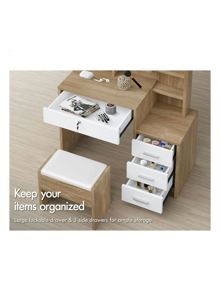 Makeup Mirror Vanity Desk Cabinet Dressing Table Stool Set in Wood image 3