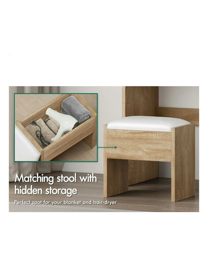 Makeup Mirror Vanity Desk Cabinet Dressing Table Stool Set in Wood image 4