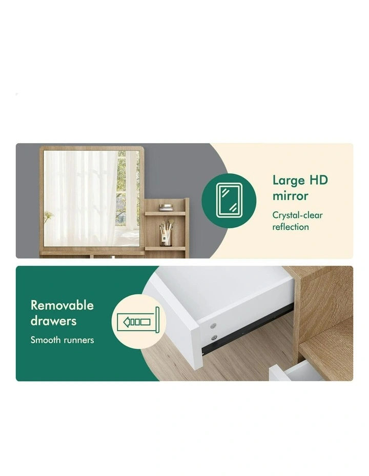 Makeup Mirror Vanity Desk Cabinet Dressing Table Stool Set in Wood image 5