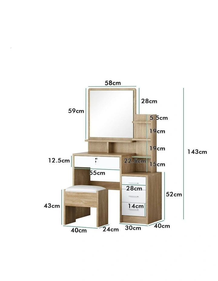 Makeup Mirror Vanity Desk Cabinet Dressing Table Stool Set in Wood image 7