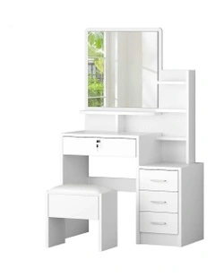 Makeup Mirror Cabinet Vanity Desk Dressing Table Stool Set in White