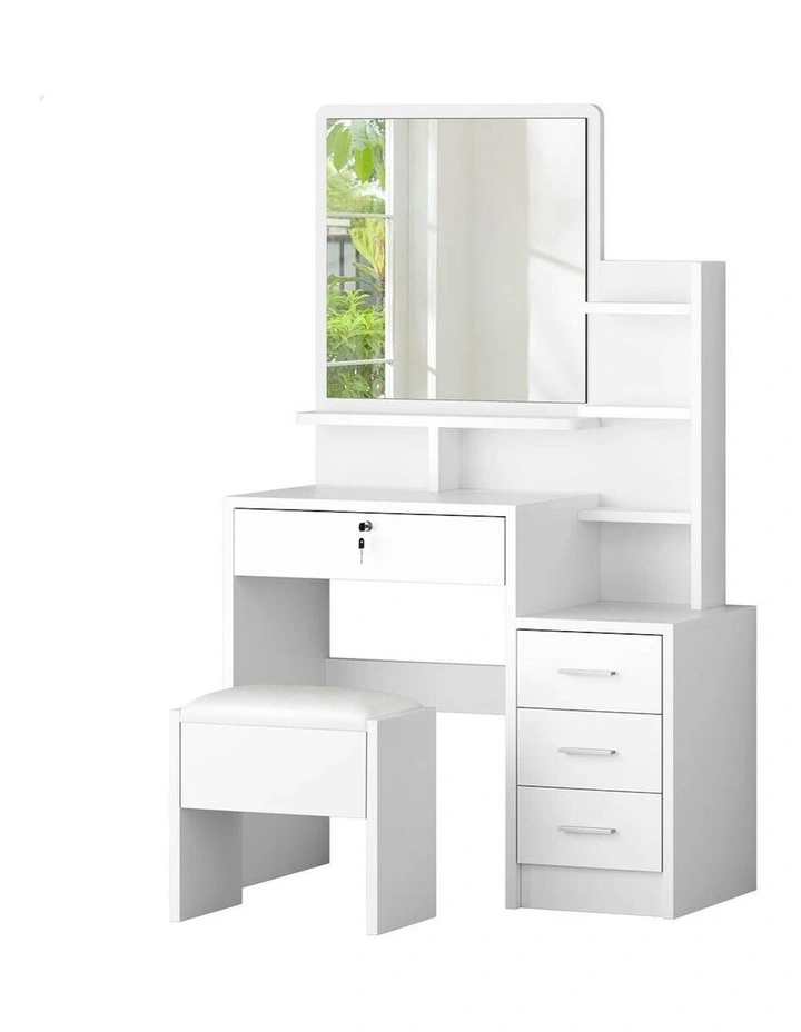Makeup Mirror Cabinet Vanity Desk Dressing Table Stool Set in White image 1