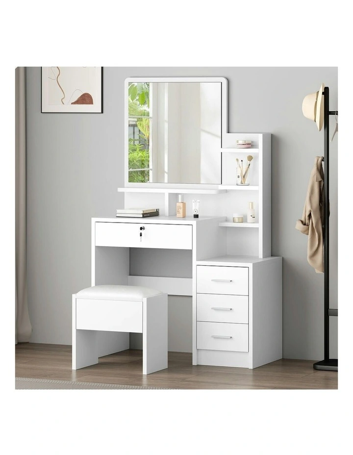 Makeup Mirror Cabinet Vanity Desk Dressing Table Stool Set in White image 2