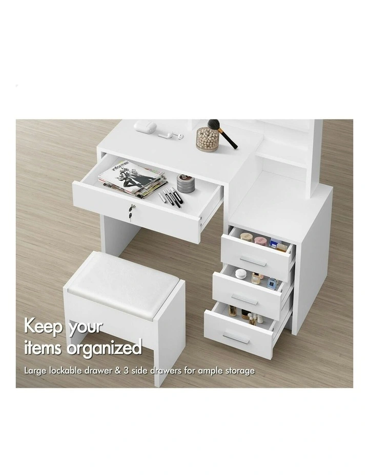 Makeup Mirror Cabinet Vanity Desk Dressing Table Stool Set in White image 3
