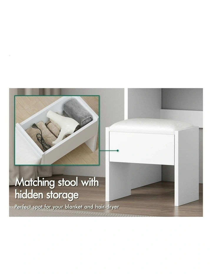 Makeup Mirror Cabinet Vanity Desk Dressing Table Stool Set in White image 4