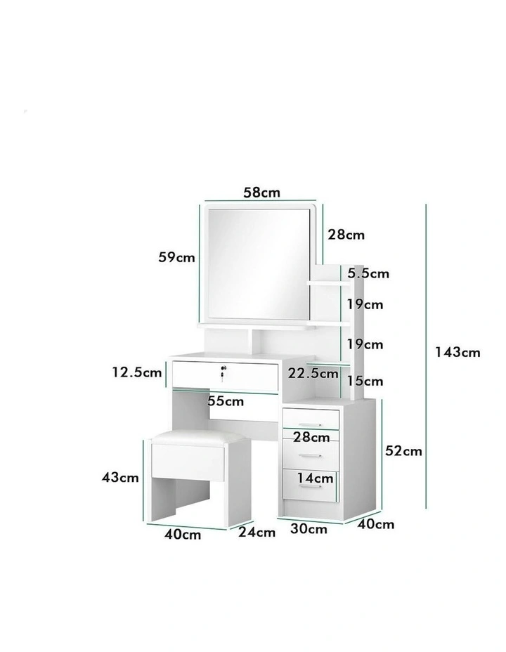 Makeup Mirror Cabinet Vanity Desk Dressing Table Stool Set in White image 6