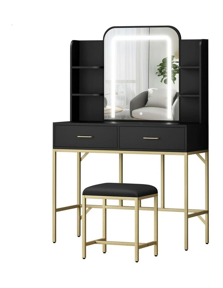 Makeup Mirror LED Vanity Desk Metal Dressing Table Stool Set in Black image 1