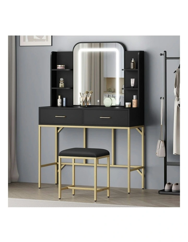 Makeup Mirror LED Vanity Desk Metal Dressing Table Stool Set in Black image 2
