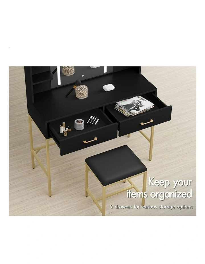 Makeup Mirror LED Vanity Desk Metal Dressing Table Stool Set in Black image 4