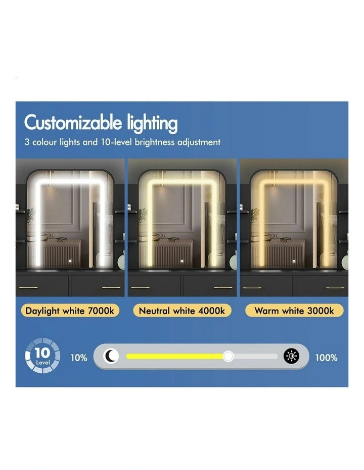 Makeup Mirror LED Vanity Desk Metal Dressing Table Stool Set in Black image 5