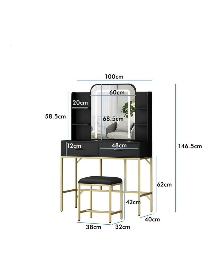 Makeup Mirror LED Vanity Desk Metal Dressing Table Stool Set in Black image 6