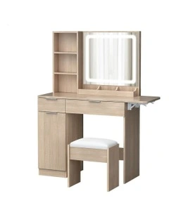 LED Vanity Desk Makeup Mirror Drawers Dressing Table Stool Set in Wood