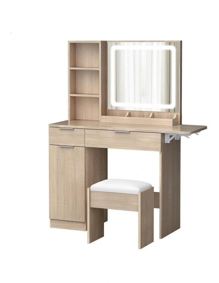 LED Vanity Desk Makeup Mirror Drawers Dressing Table Stool Set in Wood image 1