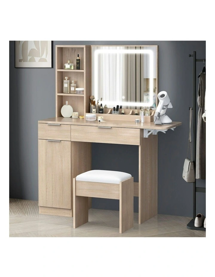 LED Vanity Desk Makeup Mirror Drawers Dressing Table Stool Set in Wood image 2
