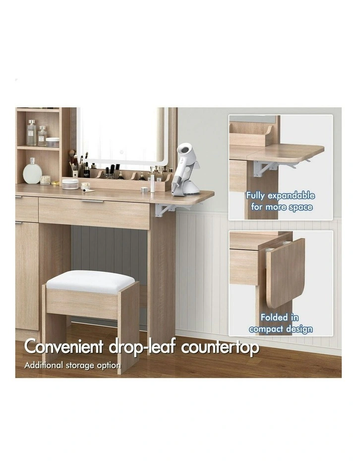 LED Vanity Desk Makeup Mirror Drawers Dressing Table Stool Set in Wood image 3