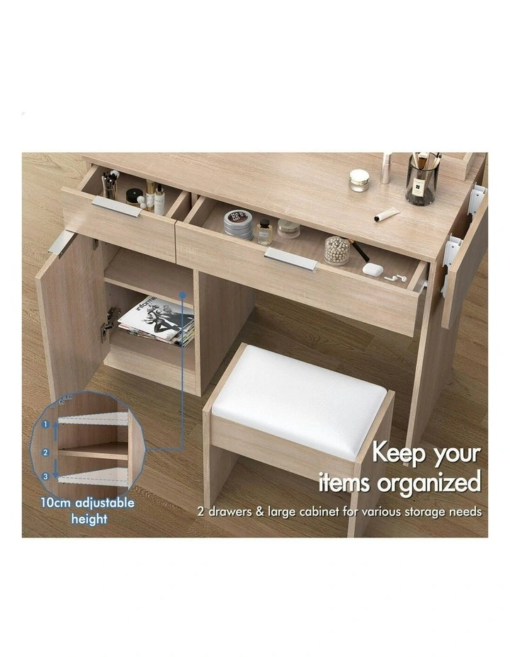 LED Vanity Desk Makeup Mirror Drawers Dressing Table Stool Set in Wood image 4