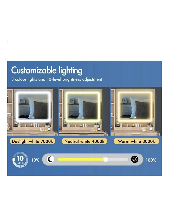 LED Vanity Desk Makeup Mirror Drawers Dressing Table Stool Set in Wood image 5