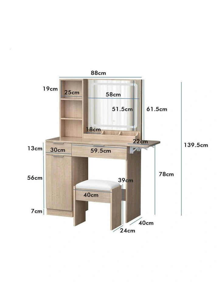 LED Vanity Desk Makeup Mirror Drawers Dressing Table Stool Set in Wood image 7