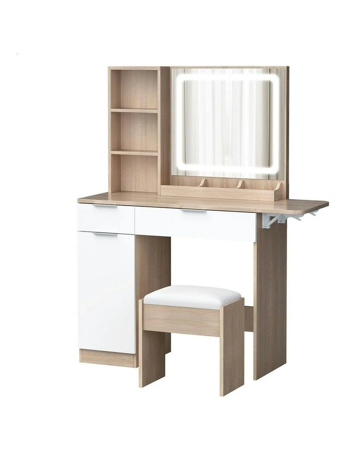 LED Vanity Desk Makeup Mirror Drawers Dressing Table Stool Set in Oak image 1
