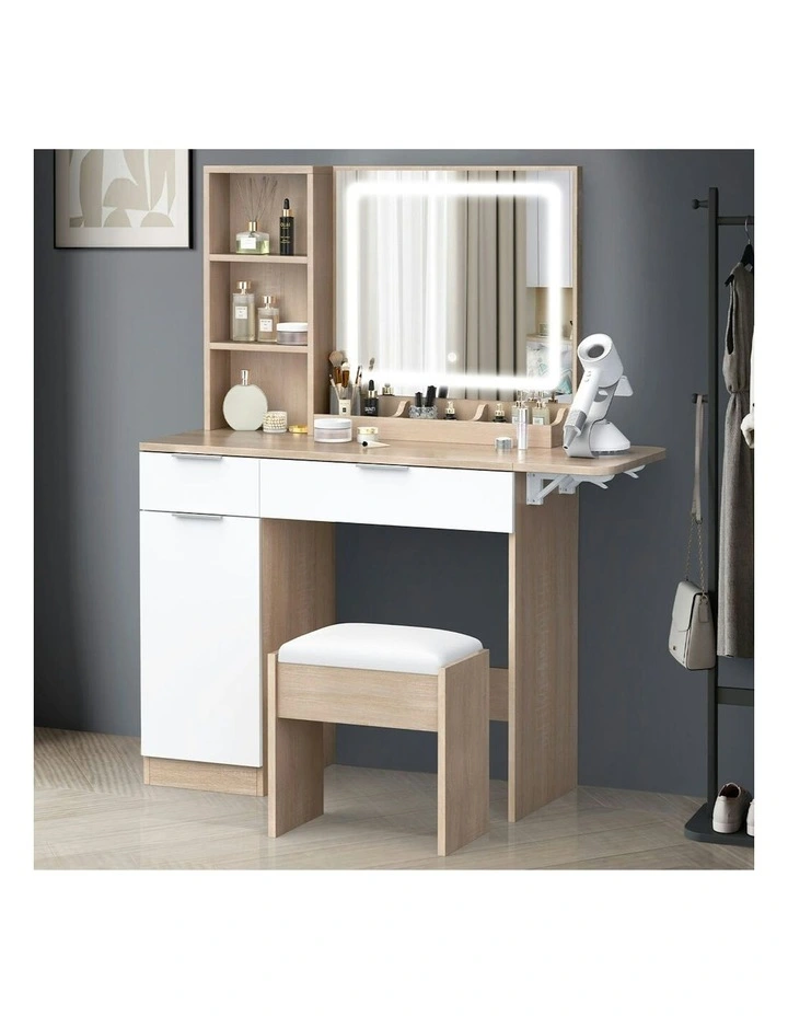 LED Vanity Desk Makeup Mirror Drawers Dressing Table Stool Set in Oak image 2