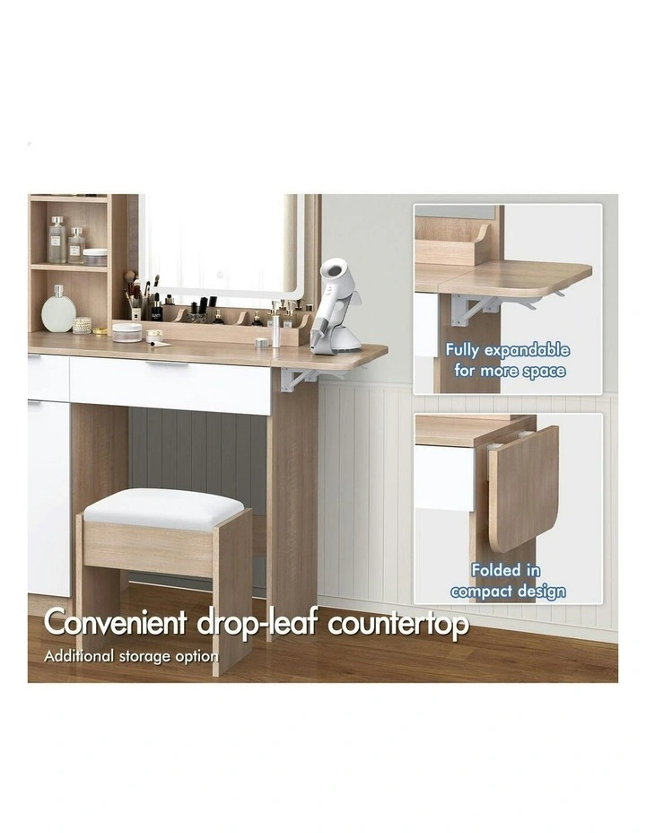 LED Vanity Desk Makeup Mirror Drawers Dressing Table Stool Set in Oak image 3