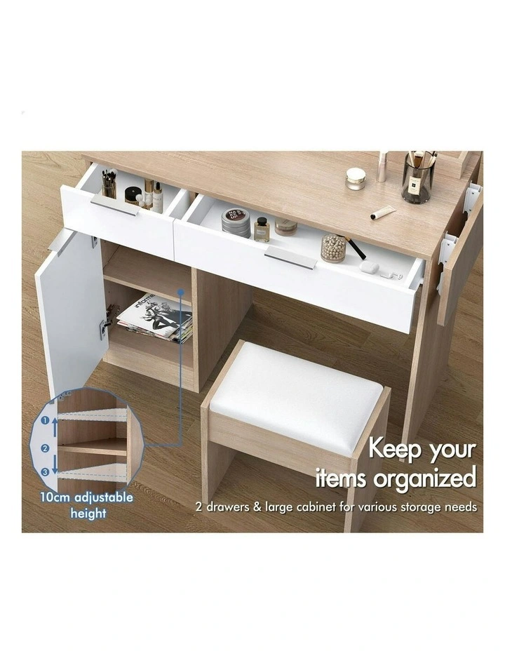 LED Vanity Desk Makeup Mirror Drawers Dressing Table Stool Set in Oak image 4