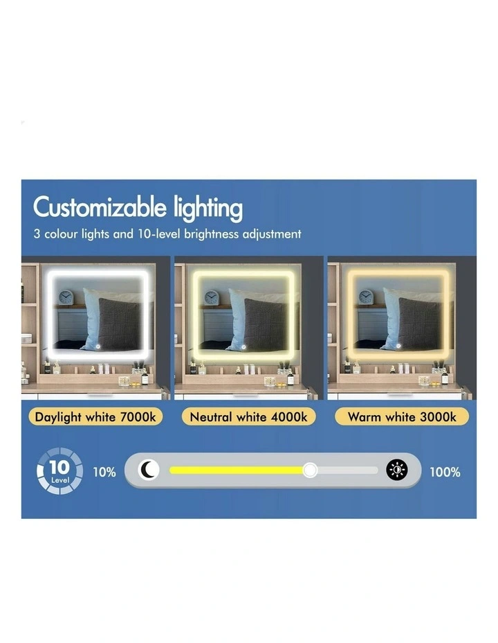 LED Vanity Desk Makeup Mirror Drawers Dressing Table Stool Set in Oak image 5