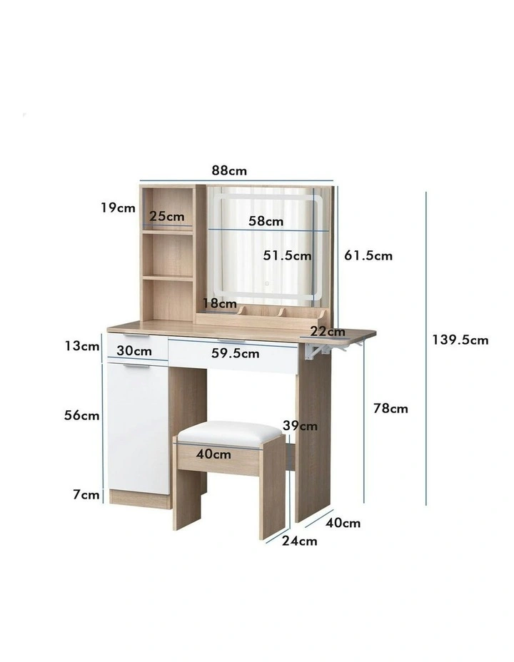 LED Vanity Desk Makeup Mirror Drawers Dressing Table Stool Set in Oak image 7