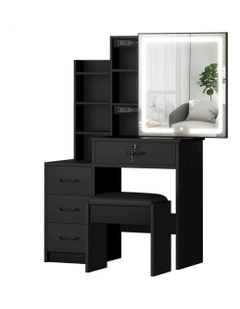 Makeup Mirror Vanity Desk Cabinet Dressing Table Stool Set in Black