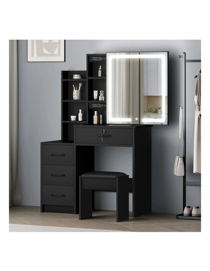 Makeup Mirror Vanity Desk Cabinet Dressing Table Stool Set in Black image 2