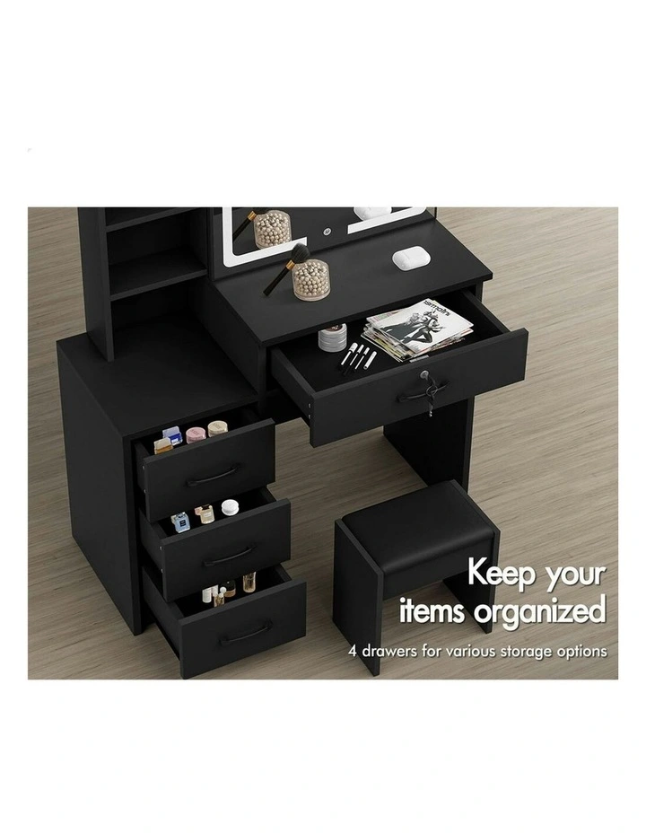 Makeup Mirror Vanity Desk Cabinet Dressing Table Stool Set in Black image 4