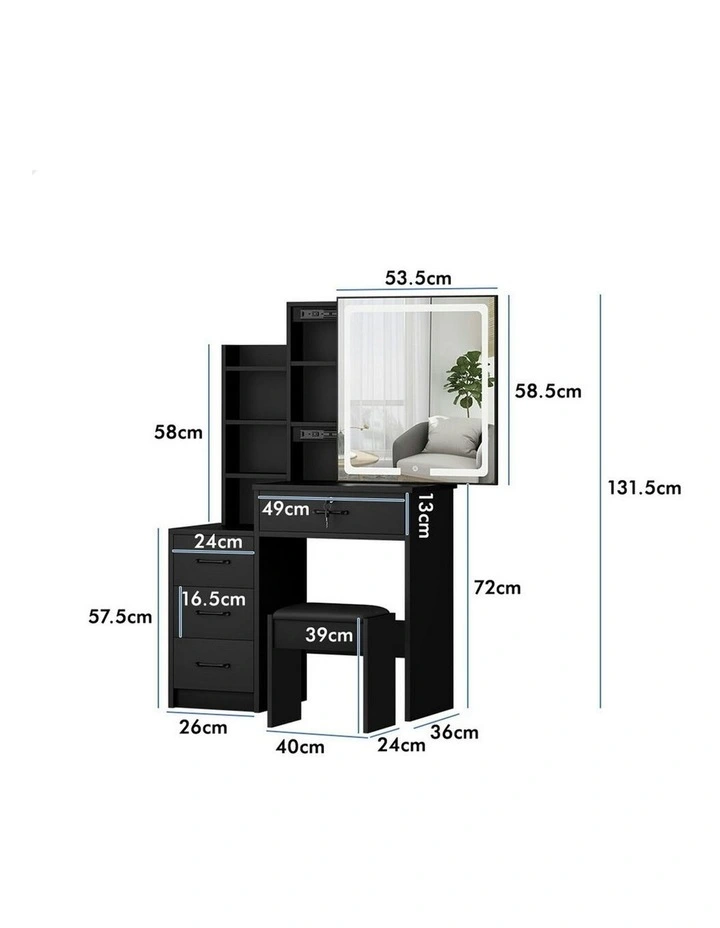 Makeup Mirror Vanity Desk Cabinet Dressing Table Stool Set in Black image 6