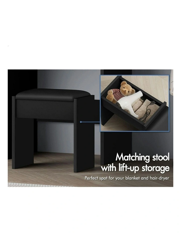 Makeup Mirror Vanity Desk Cabinet Dressing Table Stool Set in Black image 7