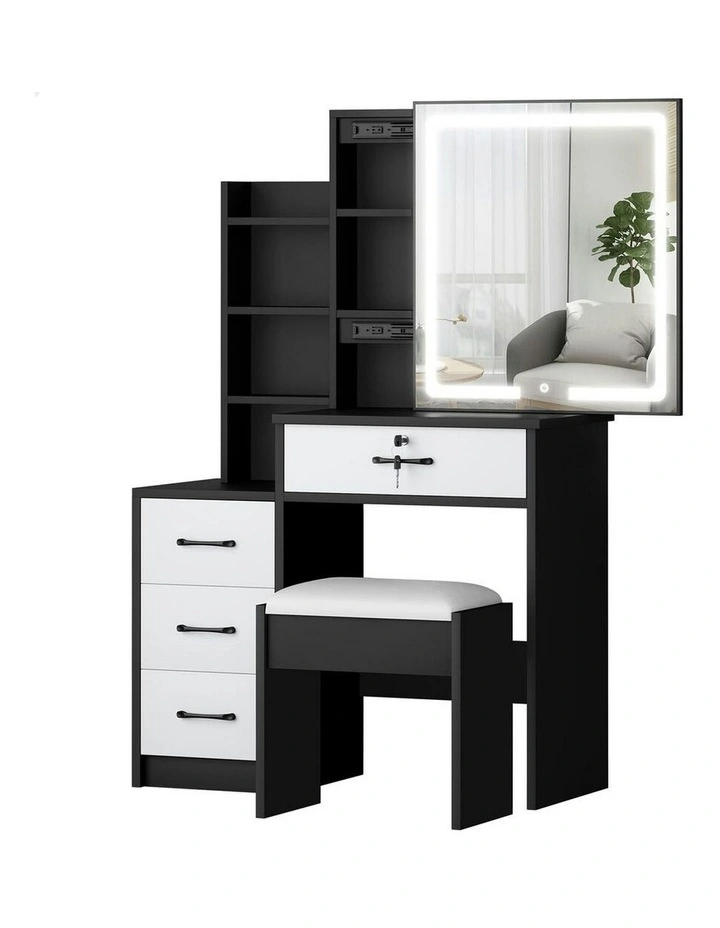 Makeup Mirror Vanity Desk Cabinet Dressing Table Stool Set in Black White image 1