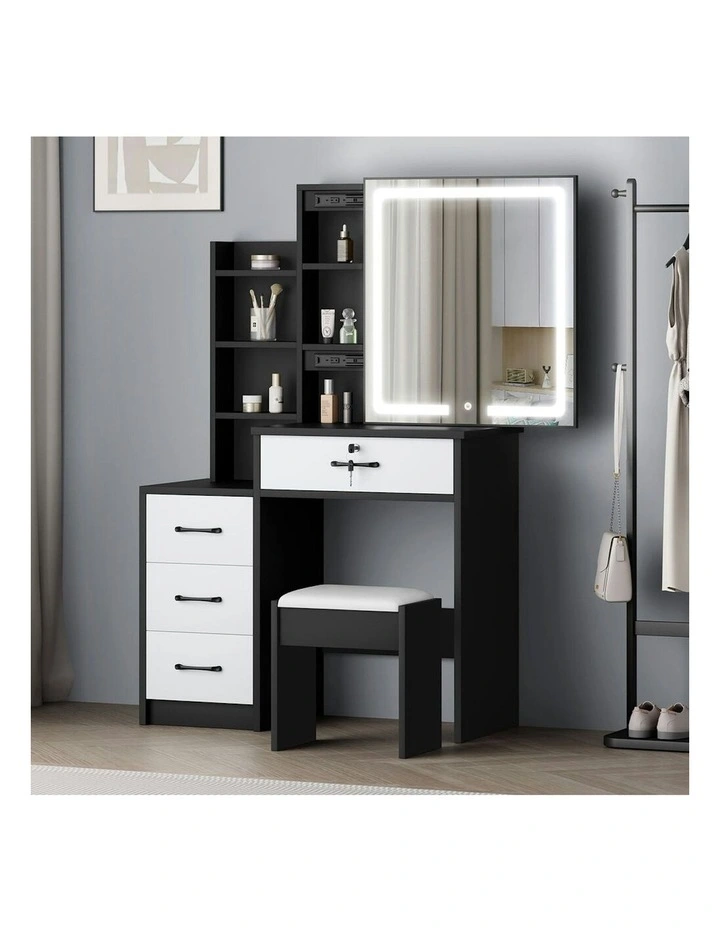 Makeup Mirror Vanity Desk Cabinet Dressing Table Stool Set in Black White image 2