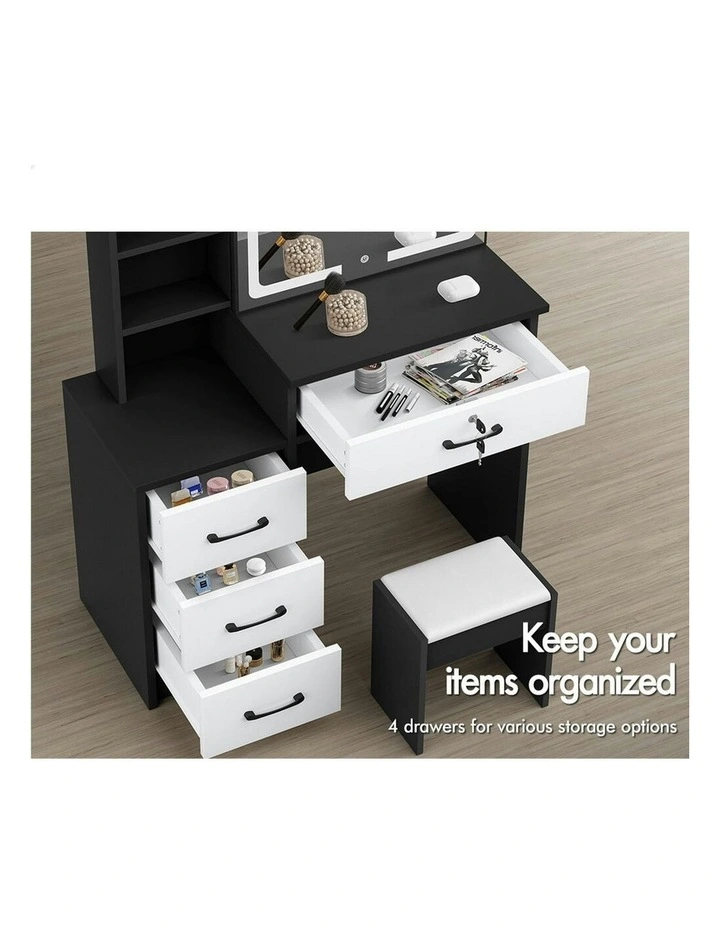 Makeup Mirror Vanity Desk Cabinet Dressing Table Stool Set in Black White image 4