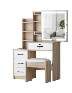 Makeup Mirror Vanity Desk LED Dressing Table Stool Set in Wood