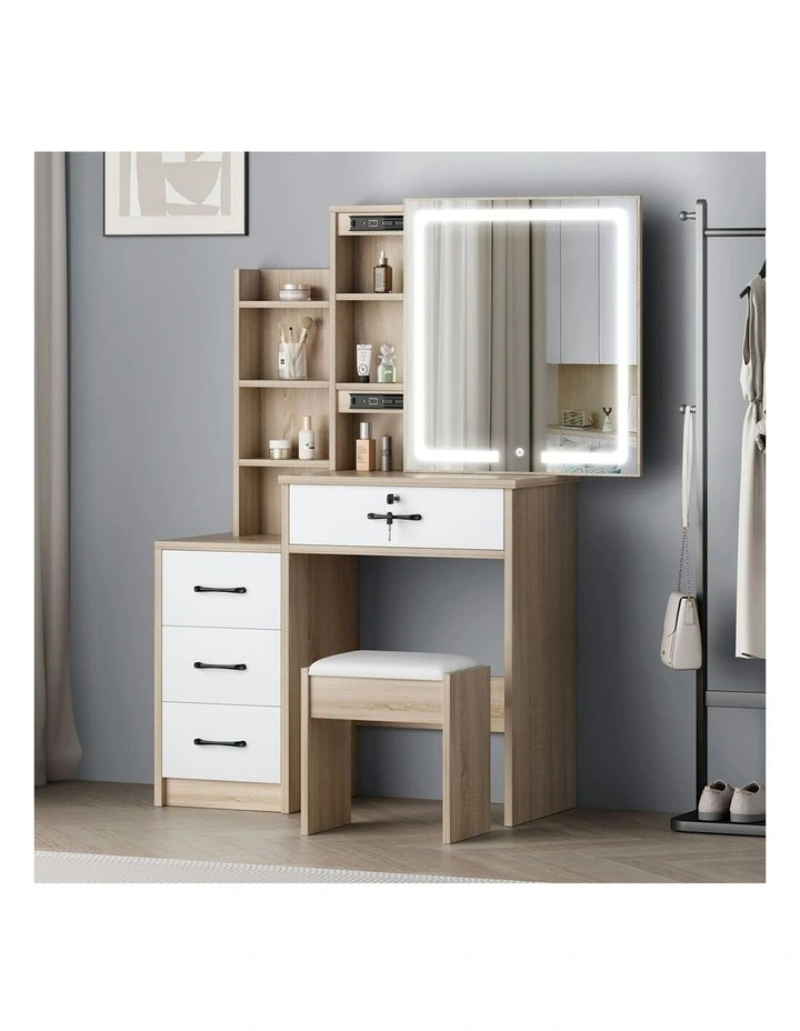 Makeup Mirror Vanity Desk LED Dressing Table Stool Set in Wood image 2