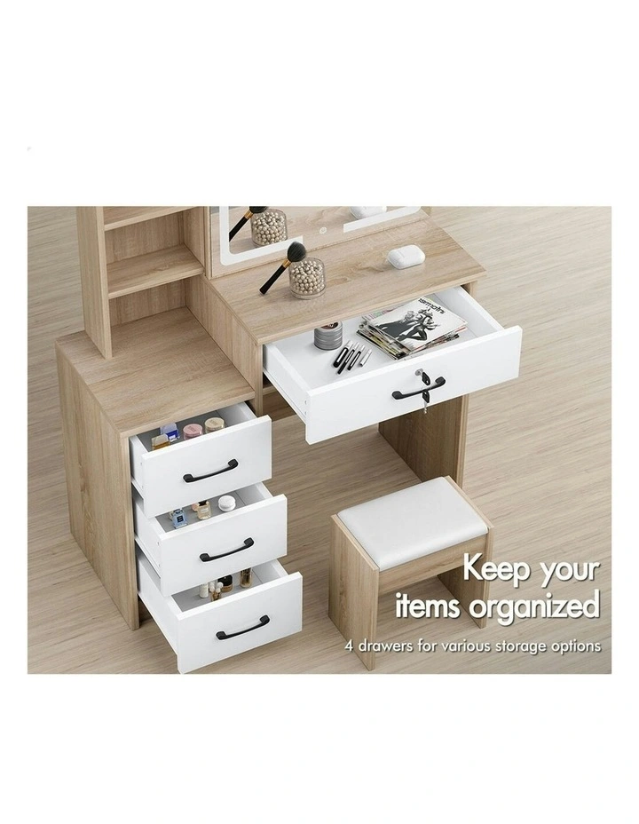 Makeup Mirror Vanity Desk LED Dressing Table Stool Set in Wood image 4