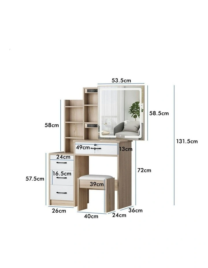 Makeup Mirror Vanity Desk LED Dressing Table Stool Set in Wood image 6