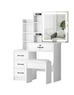 Makeup Mirror Vanity Desk Cabinet Dressing Table Stool Set in White