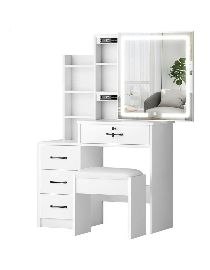 Makeup Mirror Vanity Desk Cabinet Dressing Table Stool Set in White image 1