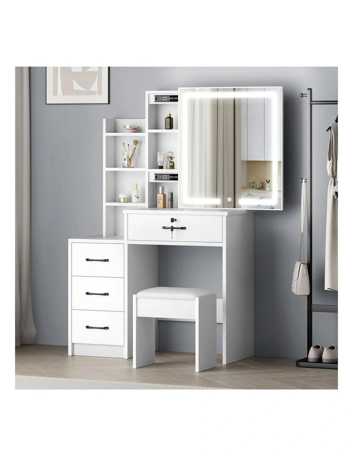 Makeup Mirror Vanity Desk Cabinet Dressing Table Stool Set in White image 2