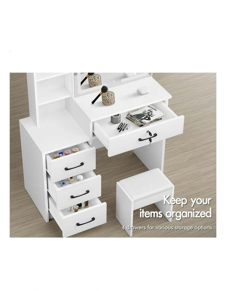 Makeup Mirror Vanity Desk Cabinet Dressing Table Stool Set in White image 4