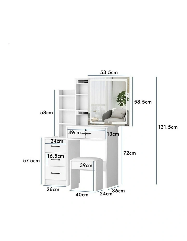 Makeup Mirror Vanity Desk Cabinet Dressing Table Stool Set in White image 6